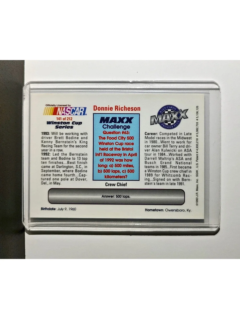 Donnie Richeson 1993 Maxx Premier Plus Racing #141 NASCAR Card King Racing